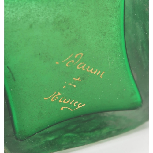 2156A - A DAUM NANCY VASEof triangular form, the clear cased green body acid etched with ivy leaves and high... 