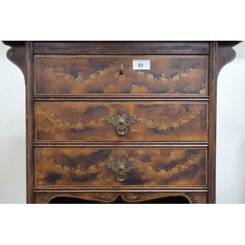 53 - A 19th century walnut and satinwood veneered music cabinet with three drawers over open shelf, 87cm ... 