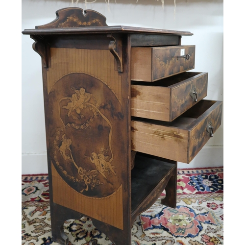 53 - A 19th century walnut and satinwood veneered music cabinet with three drawers over open shelf, 87cm ... 