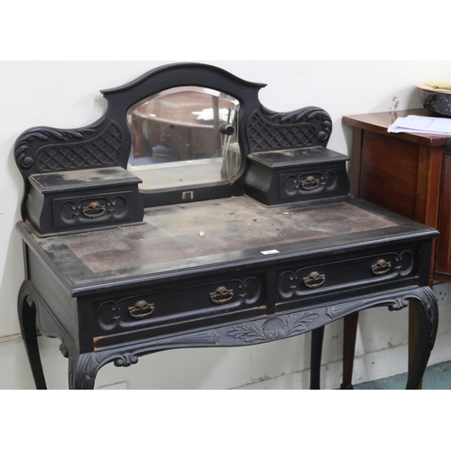 56 - A 19th century continental style ebonised desk with shaped superstructure of central bevelled glass ... 