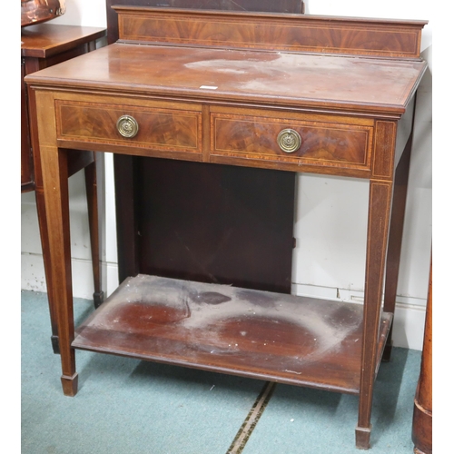 58 - A late Victorian mahogany buffet table with two drawers on square tapering supports joined by lower ... 