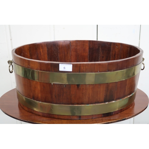 6 - A 20th century oval teak and brass bound planter with twin brass handles, 21cm high x 55cm wide x 38... 