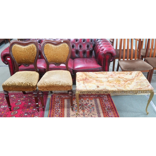 62 - A lot comprising pair of Victorian balloon back dining chairs and a marble topped coffee table on br... 