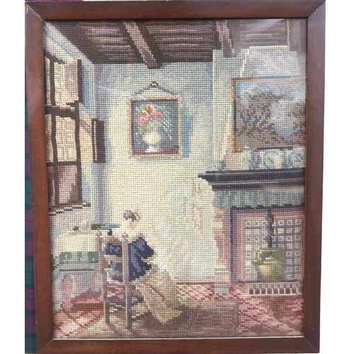 70 - A lot comprising Victorian tapestry fire screen depicting sitting room scene, Chinese hardwood occas... 