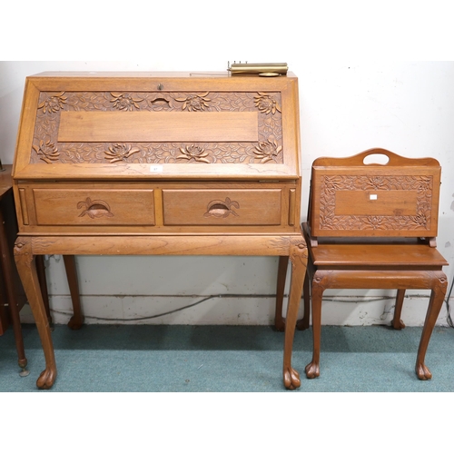 87 - A lot comprising 20th century Oriental hardwood bureau, Oriental hardwood occasional table, folding ... 