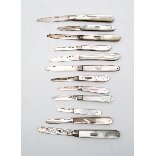 A collection of pocket knives including twelve silver and mother of