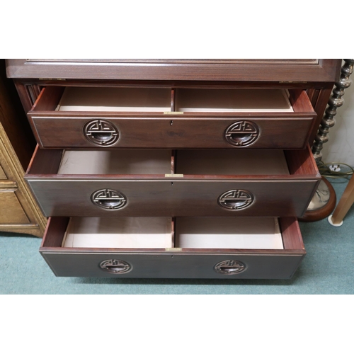 100 - A 20th century Chinese hardwood bureau with fall front writing compartment over three drawers, 110cm... 