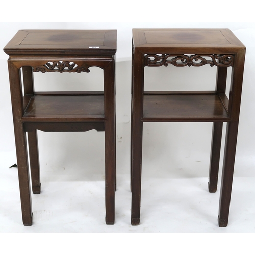 105 - A pair of early 20th century Chinese hardwood occasional table with carved friezes on square support... 