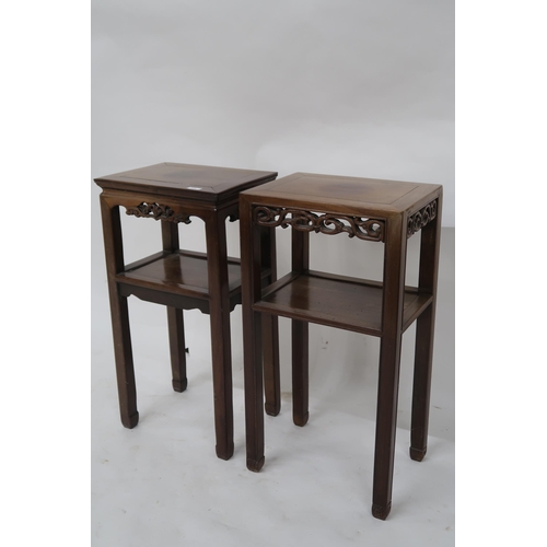 105 - A pair of early 20th century Chinese hardwood occasional table with carved friezes on square support... 