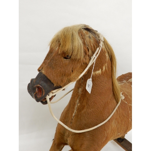 93 - A 19th century children's rocking horse, hide covered main body with horse hair main and tail on elm... 