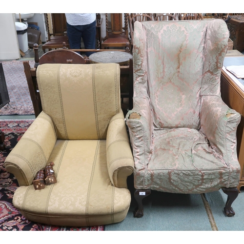 39 - A lot comprising a late Victorian wingback armchair on ball and claw supports, 119cm high x 70cm wid... 