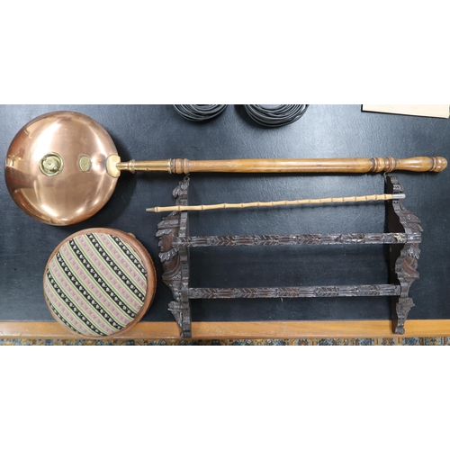 48 - A lot comprising a carved oak wall mounted plate rack, copper and brass bedwarmer, bamboo swagger st... 