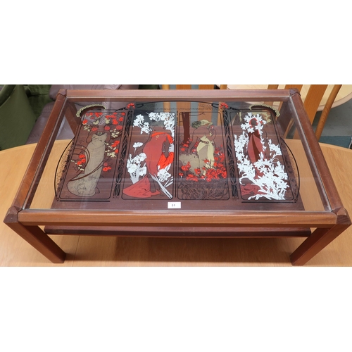 51 - A mid 20th century teak Alphonse Mucha four seasons glass inset topped coffee table, 40cm high x 100... 
