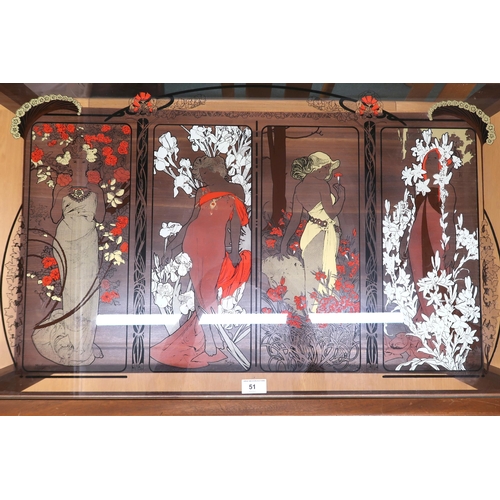 51 - A mid 20th century teak Alphonse Mucha four seasons glass inset topped coffee table, 40cm high x 100... 