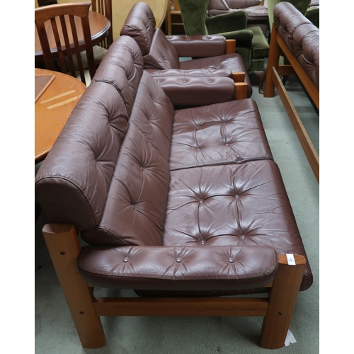 61 - A Norwegian Ekornes stained teak framed three piece suite with buttoned brown leather upholstery con... 