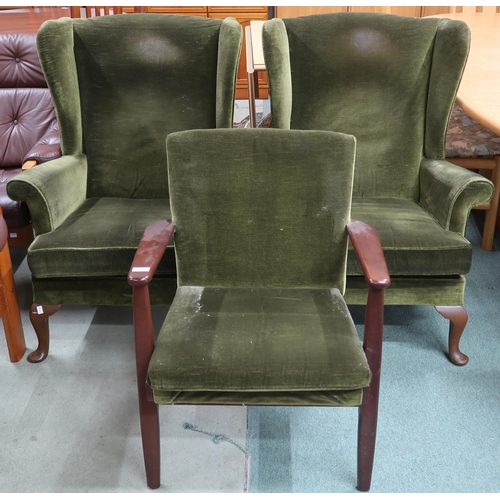 62 - A lot consisting pair of 20th century green velour upholstered Parker Knoll wing back armchairs, 97c... 