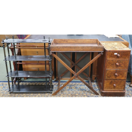 70 - A lot comprising 19th century walnut veneered chest, 19th century ebonised four tier wall shelf, tow... 