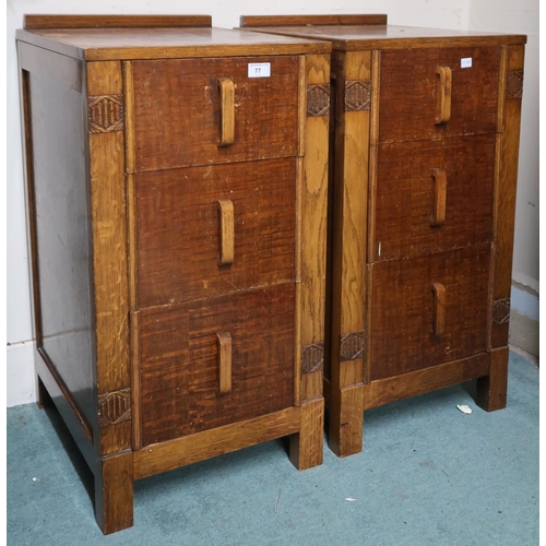 77 - A pair of early 20th century veneered three drawer bedside chests, 78cm high x 41cm wide x 48cm deep... 