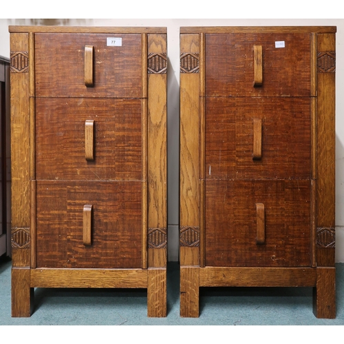 77 - A pair of early 20th century veneered three drawer bedside chests, 78cm high x 41cm wide x 48cm deep... 