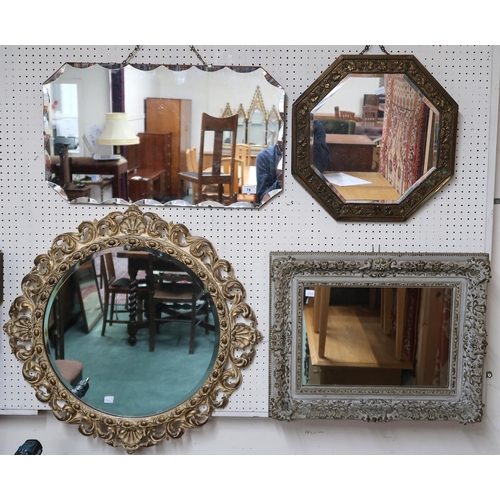 78 - A lot consisting mid 20th century frameless wall mirror, 38cm x 66cm, brass framed octagonal wall mi... 