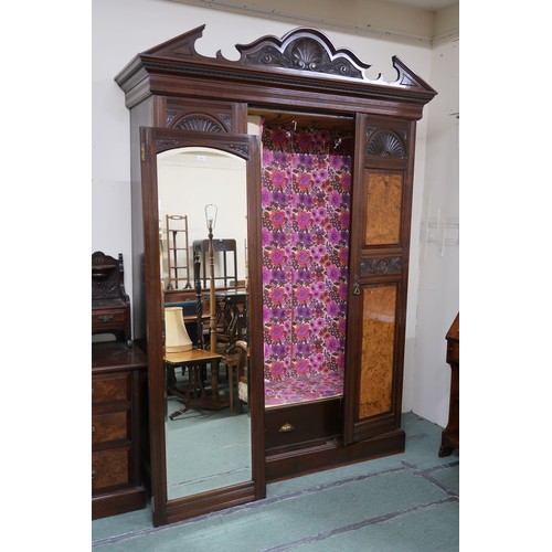 36 - A Victorian mahogany and burr walnut veneered bedroom suite comprising triple door wardrobe, 238cm h... 