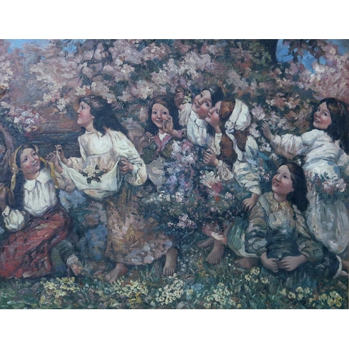 AFTER E.A.HORNEL Girls amongst blossom, oil on board, 48 x 61cm