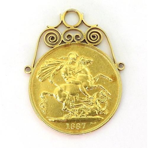 756C - An 1887 gold double sovereign with soldered on fancy bright yellow metal pendant mount, weight 17.5g... 