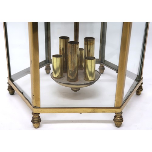 2009 - AN EARLY 20TH CENTURY VAUGHAN REPRODUCTION BRASS HEXAGONAL HALLWAY LANTERN with scroll top suspendin... 