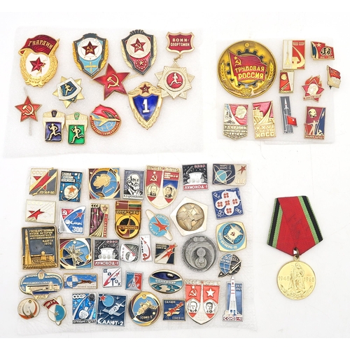 405 - Soviet memorabilia: a collection of enamel pins, comprising 10 political examples, 35 space programm... 