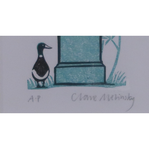 976 - CLARE MELINSKY (BRITISH CONTEMPORARY)THE STATUE AND THE DUCKLinocut, signed lower right, AP, 12 x 7c... 