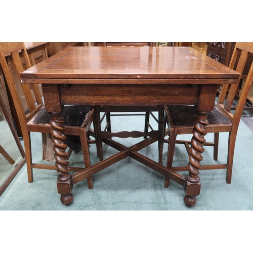 33 - A lot comprising 20th century oak pull out dining table with barley twist supports, 80cm high x 92cm... 