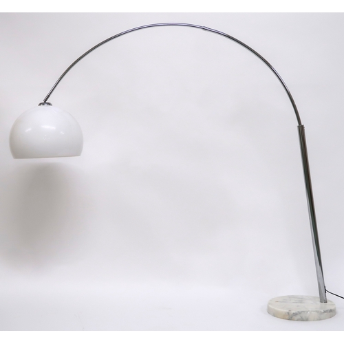 2105 - A 20TH CENTURY INVICTA INTERIORS ARC FLOOR LAMP with white acrylic dome shade suspended from chromed... 