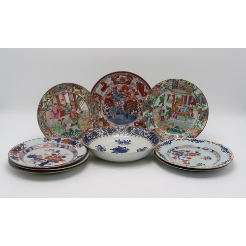 2303 - EIGHT CHINESE EXPORT PLATES AND A BOWLComprising;A shallow blue and white bowl, 24.5cm diameter,six ... 