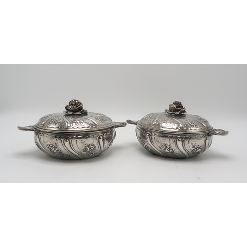 A PAIR OF 18TH CENTURY STYLE FRENCH SILVER ECUELLES AND COVERS