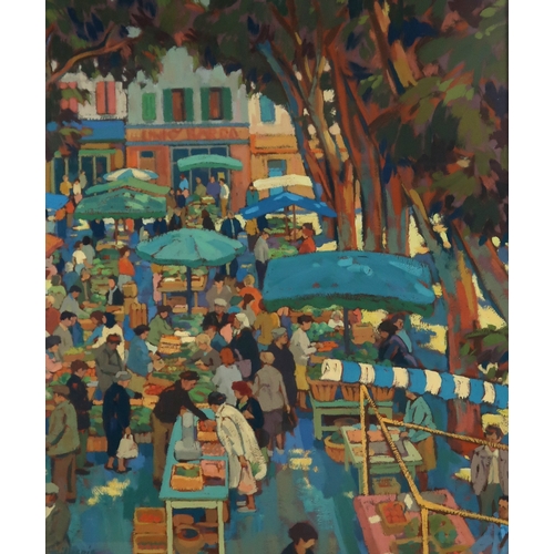 2964 - JOAN GILLESPIE (SCOTTISH B.1954)MARKET DAY, AIXOil on board, signed lower left, inscribed on label v... 