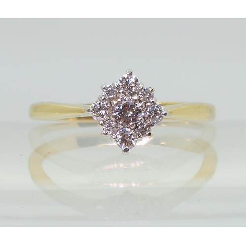 720 - A 9ct gold diamond cluster ring, set with estimated approx 0.36cts of brilliant cut diamonds. Finger... 