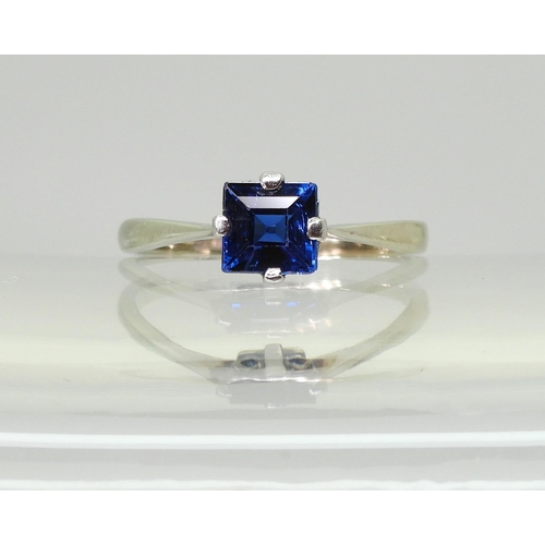 723 - An 18c white gold, square sapphire solitaire ring, approx 5.2mm x 5.4mm x 3.1mm. Finger size L, weig... 