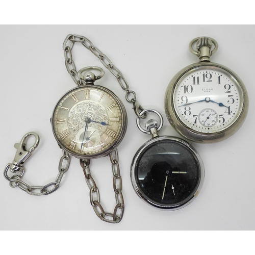 759 - Three pocket watches, a silver example with a decorative engraved dial diameter 5.2cm, 1871 London h... 