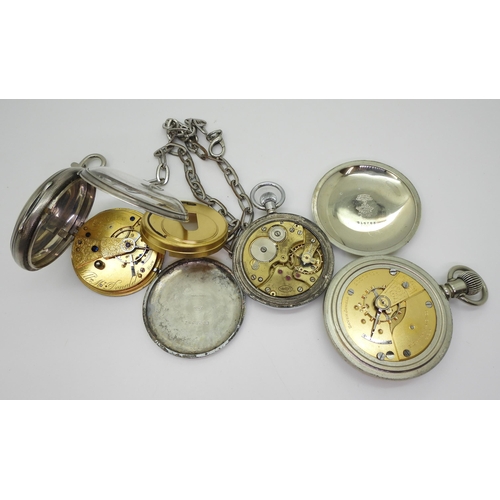 759 - Three pocket watches, a silver example with a decorative engraved dial diameter 5.2cm, 1871 London h... 