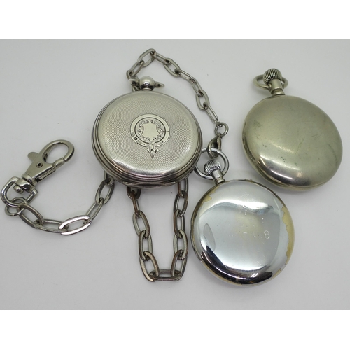 759 - Three pocket watches, a silver example with a decorative engraved dial diameter 5.2cm, 1871 London h... 