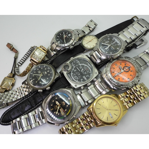 762 - A collection of ten wristwatches, to include two examples by Orient, three by Seiko and other brands