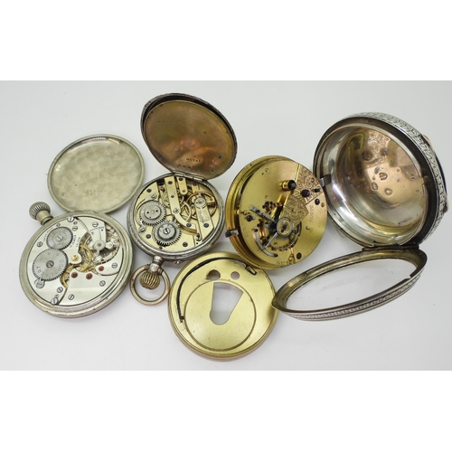 763 - A large silver pocket watch with a decorative dial, diameter 5.8cm, London hallmarks for 1890, a con... 