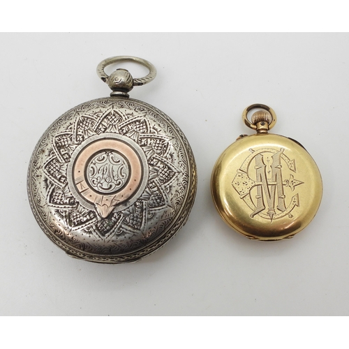 765B - An 18k gold open face fob watch with a decorative dial and monogram to the back of the case, diamete... 