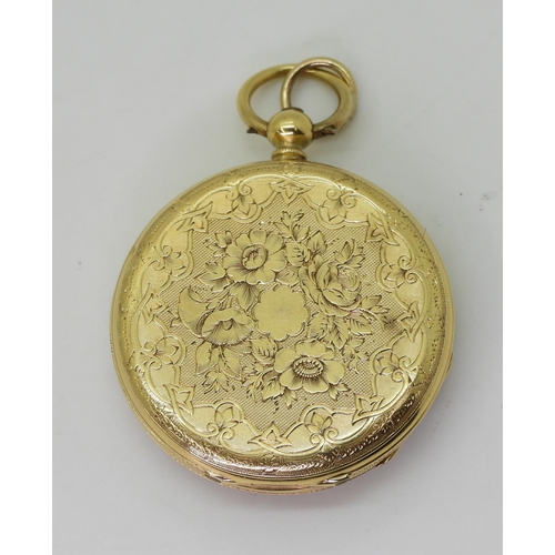 770A - An 18K gold open face fob watch with a decorative dial, diameter of the case 3.7cm, dust cover also ... 