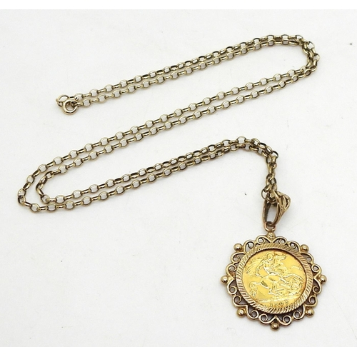 773 - A 1907 gold half sovereign in a 9ct gold pendant mount with a 60cm long 9ct gold belcher chain, weig... 