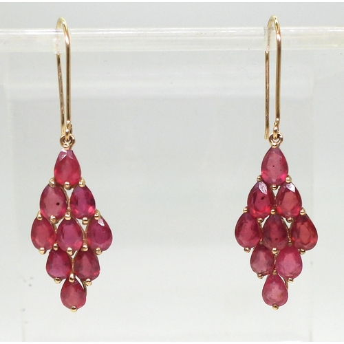 775 - A pair of 9ct gold ruby drop earrings, length 4.3cm, weight 3.8gms