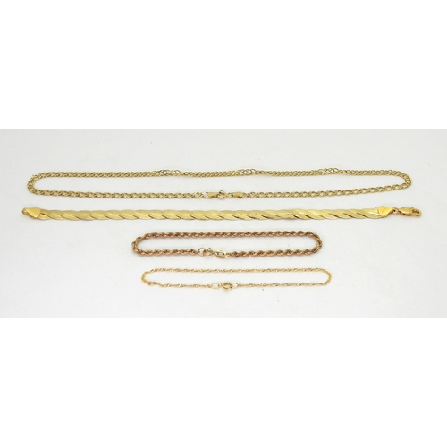 777 - An 18ct gold ribbon chain twist bracelet, weight 7.1gms, together with two 9ct gold bracelets and a ... 