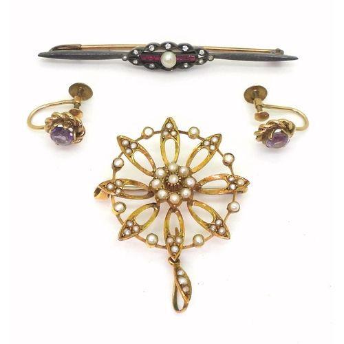 779 - A collection of 9ct gold pearl set Edwardian pendant brooch, amethyst screw back earrings, and a gem... 