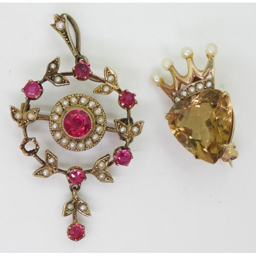 780 - A 9ct gold citrine and pearl set luckenbooth brooch, together with a red gem and pearl set Edwardian... 