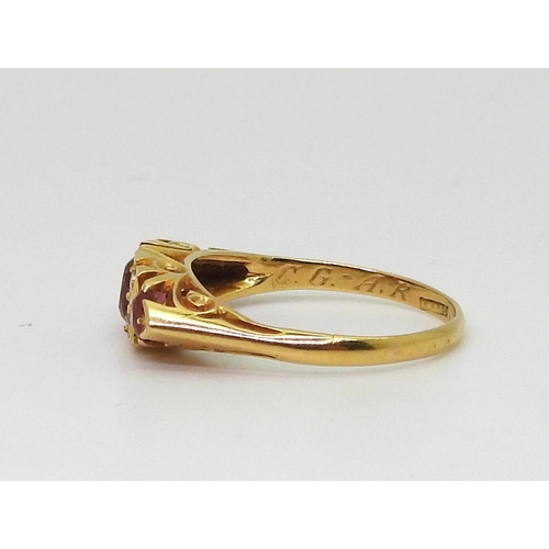 808 - An 18ct gold red gem and rose cut diamond ring with a scroll setting, size M1/2, weight 2.3gms